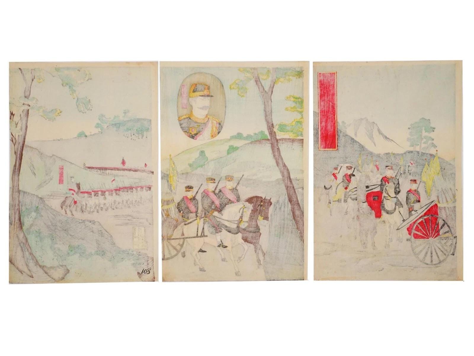 Ukiyoe Art, Original 1894 Japanese Meiji Era Senso-e Military Woodblock Triptych Composition, Asian Oriental Art, Militaria Collectibles