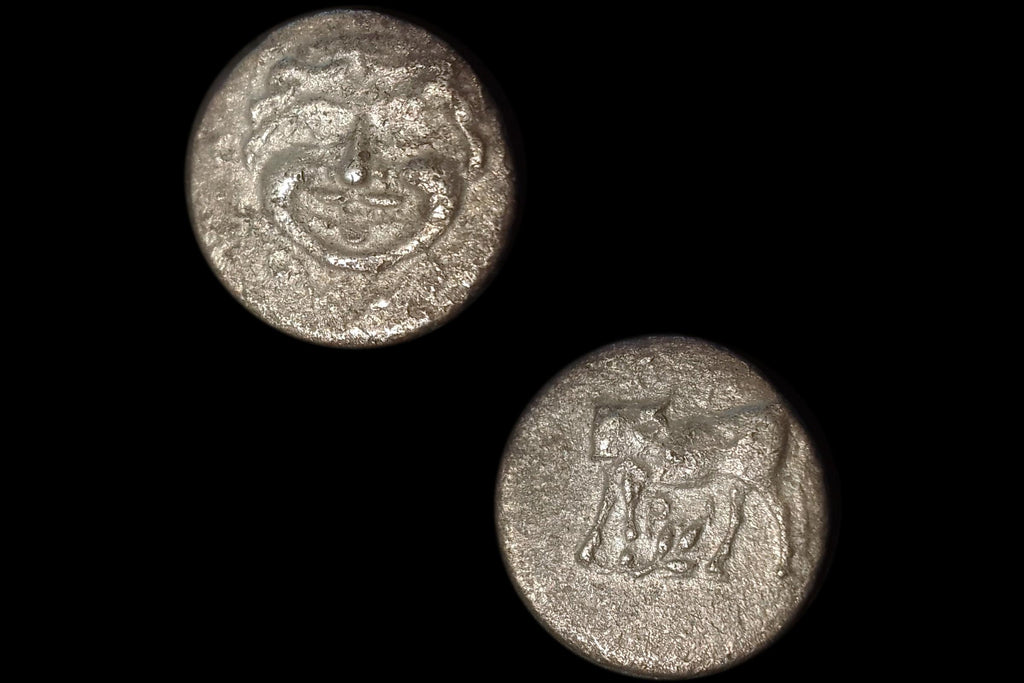 Ancient 4th Century BC Greek Parion Mysia, Hemidrachm Silver Coin, Bull Standing, Gorgoneion With Protruding Tongue, Numismatics Antiquities