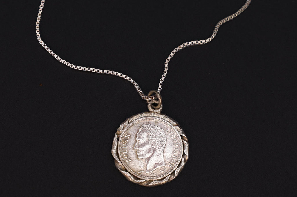 Bolivar Libertador, Venezuela Silver Coin Pendant Necklace, 50 Cents Venezuelan Coin, 835 Silver Grade On 925 Sterling Chain And Settings