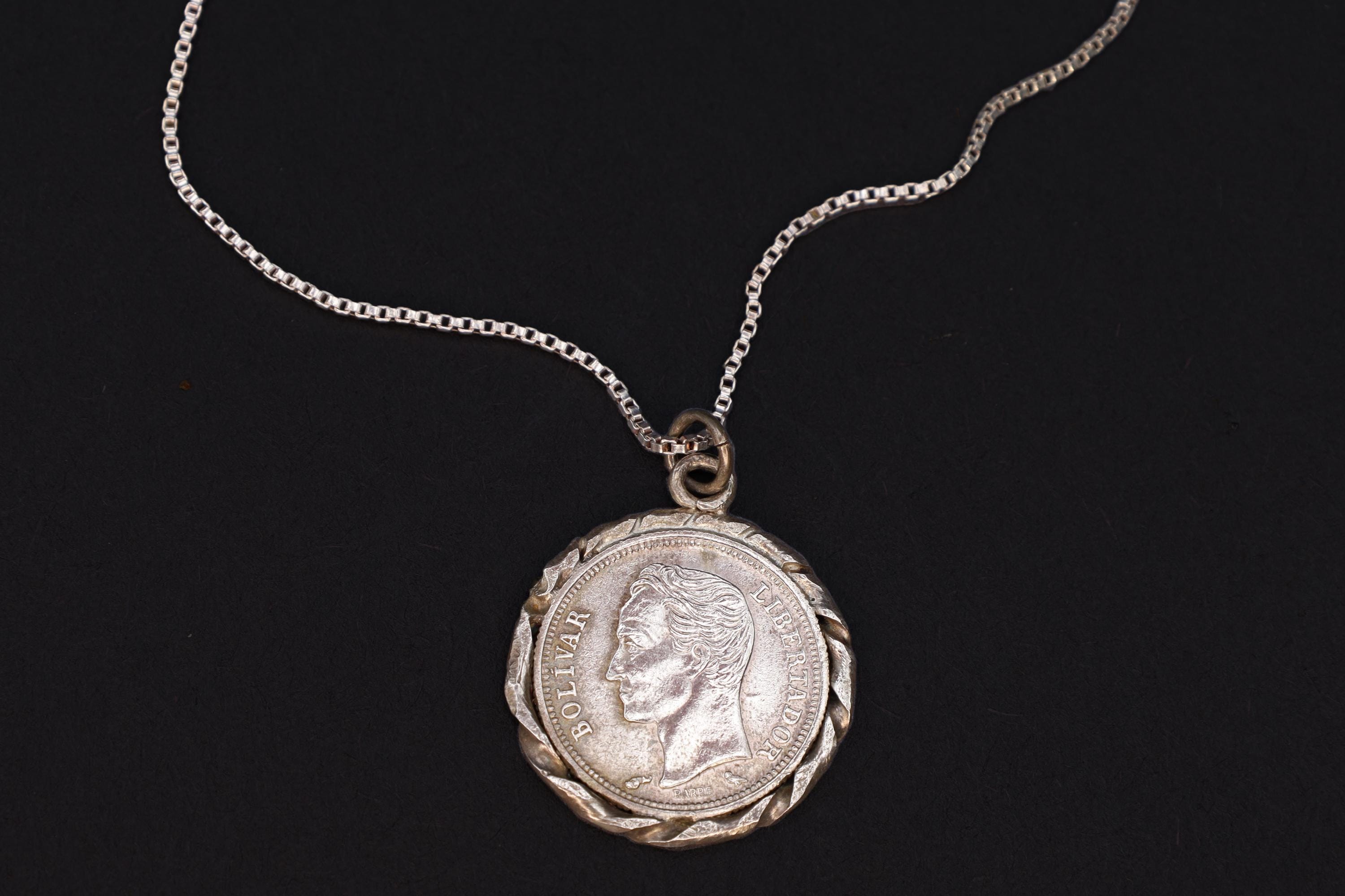 Bolivar Libertador, Venezuela Silver Coin Pendant Necklace, 50 Cents Venezuelan Coin, 835 Silver Grade On 925 Sterling Chain And Settings