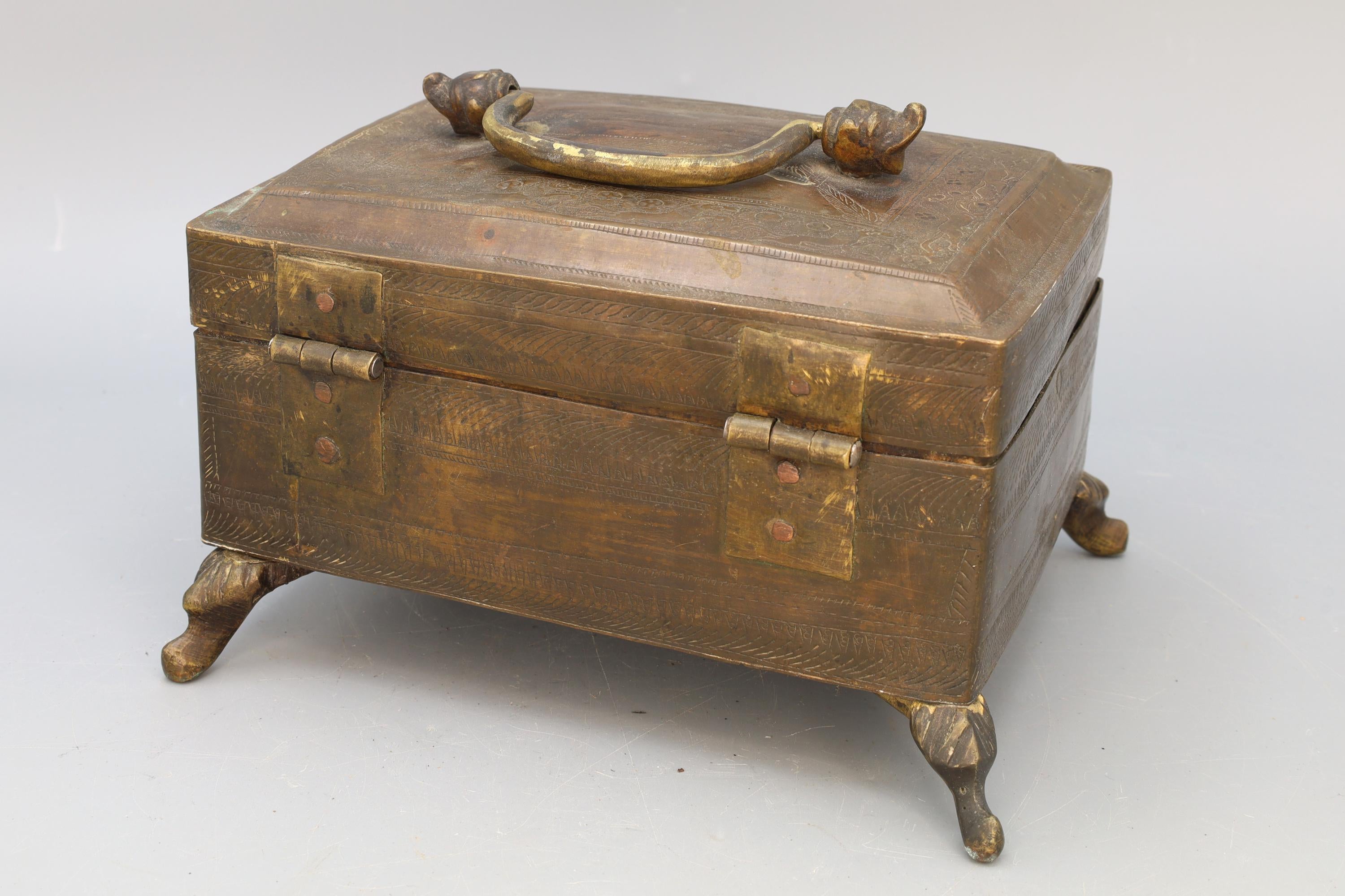 Early 20th Century Brass Metal Chest, Late Colonial India. Ethnic Rustic Spices Box, South Asia Folk Art, Oriental Crafts And Collectibles