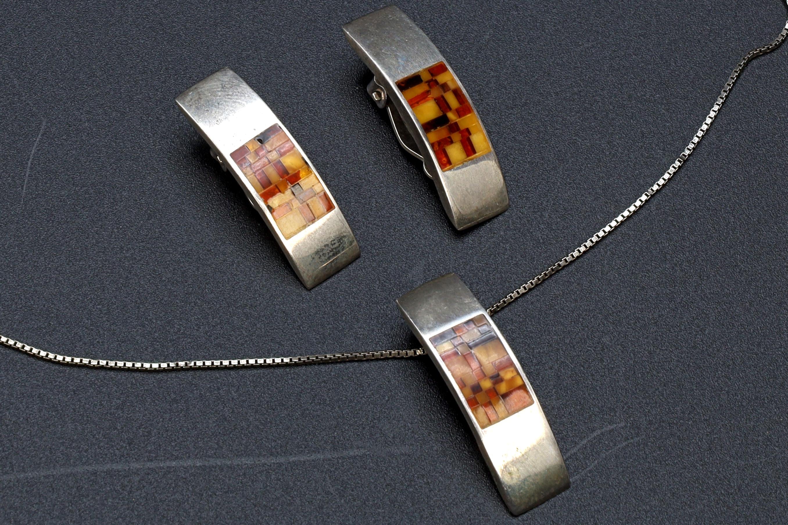 Jewelry Set By Jadwiga Zaremska, Gdansk Poland, Mosaic Baltic Amber And 925 Sterling Silver, Signed With Hallmarks, Necklace And Earrings