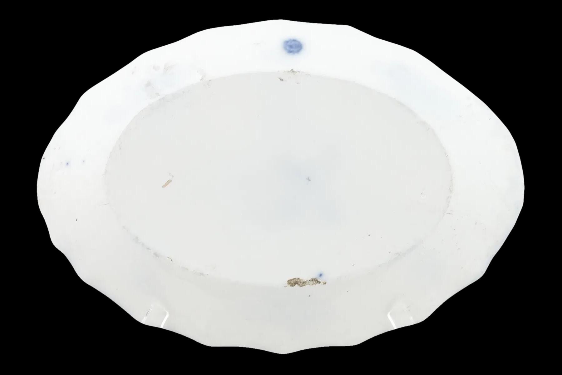 Large Turkey Tray Plate. Antique 19th Century English Bone China Flow Blue Oval Serving Platter Made By W.H. Grindley Of England Circa 1891