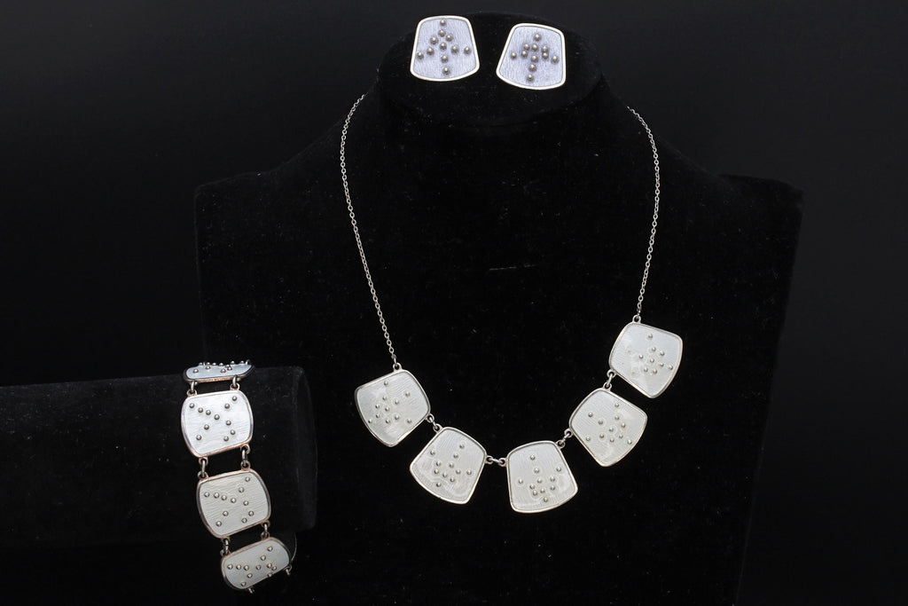 Karl Rasmussen Norway, Vintage Modernist Jewelry Set, White Enamel And 925 Sterling Silver Panel Links, Norway Scandinavian Fashion