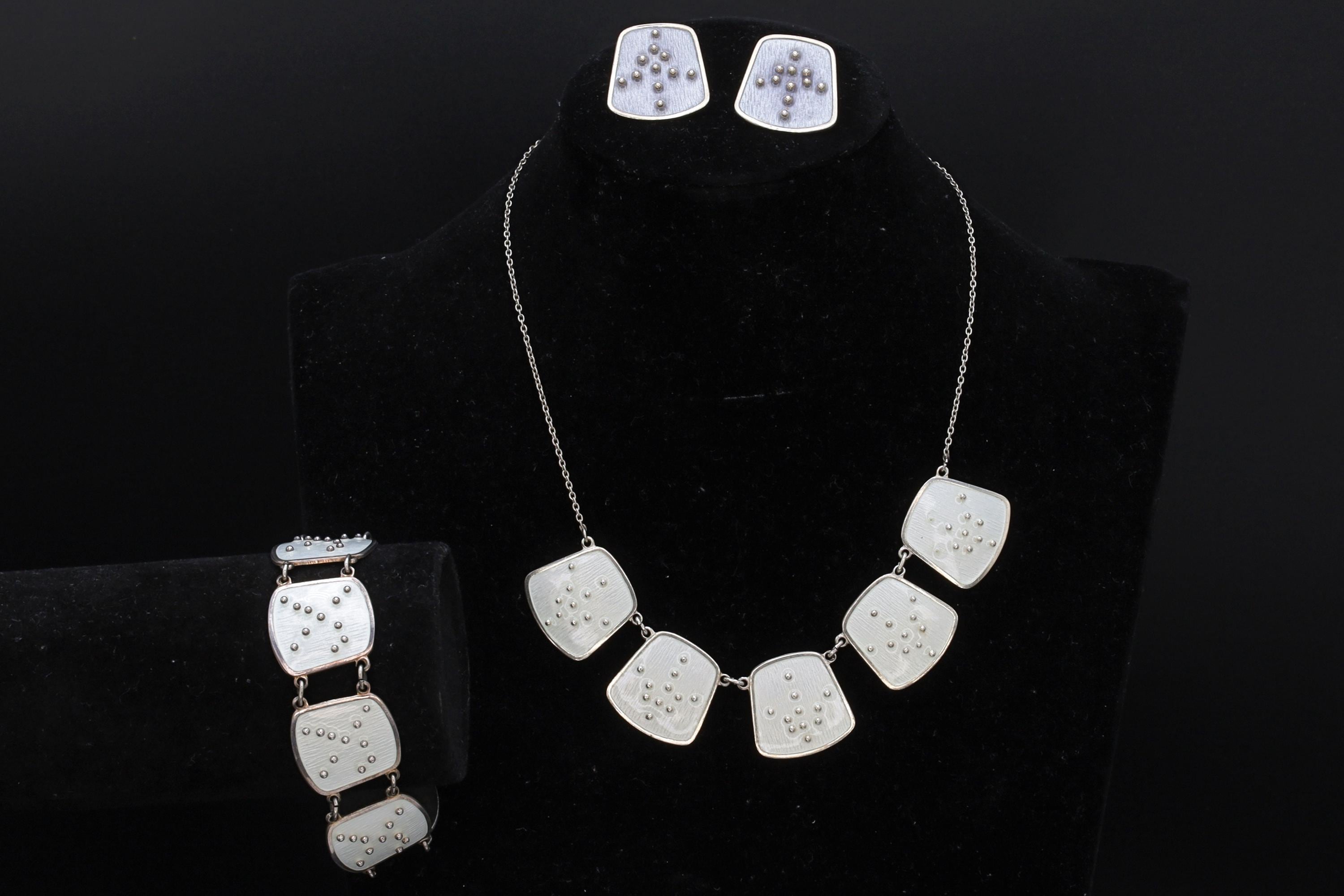 Karl Rasmussen Norway, Vintage Modernist Jewelry Set, White Enamel And 925 Sterling Silver Panel Links, Norway Scandinavian Fashion