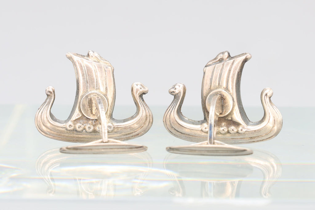 Mid Century Mens Jewelry Cufflinks, Denmark Scandinavian Viking Ship, Sailing Ship, Vintage 830 Silver Hallmarks Cuff Links Pair
