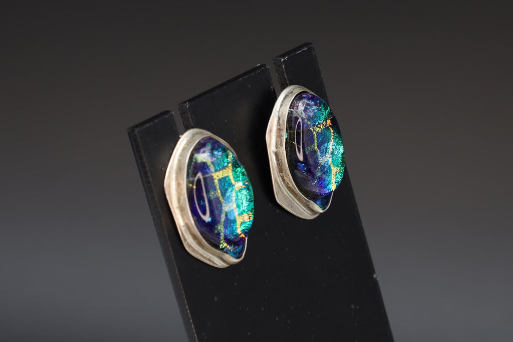 Large Modernist Stud Earrings With A Geometric Shape And Avant Garde Design, 925 Sterling Silver And Dichroic Glass Handmade Jewelry