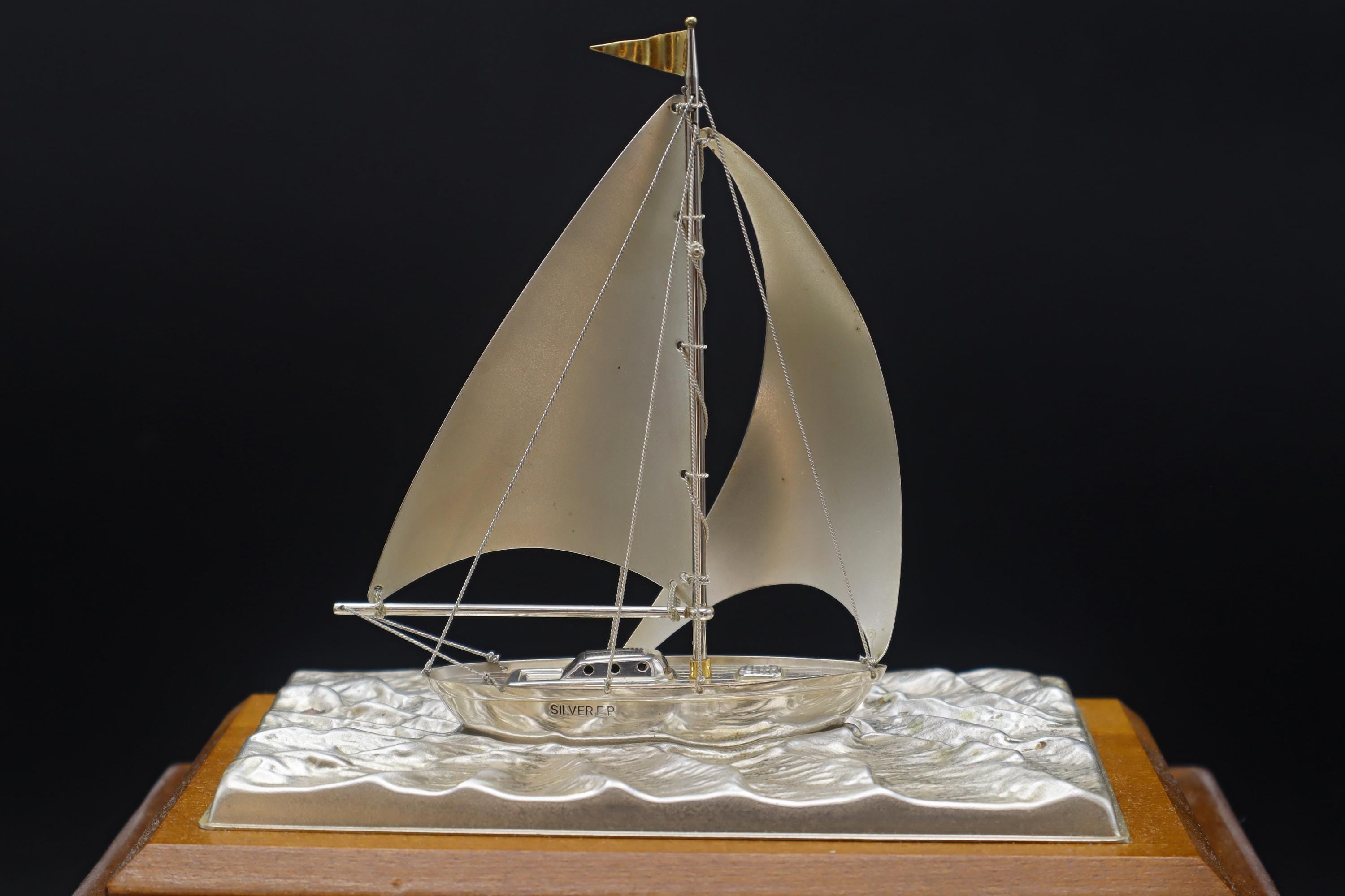 Vintage Handmade And Finely Detailed Silver Electroplated Model Of A Sailing Ship, Sports Boat Sculpture By Japanese Artist Seki Takehiko