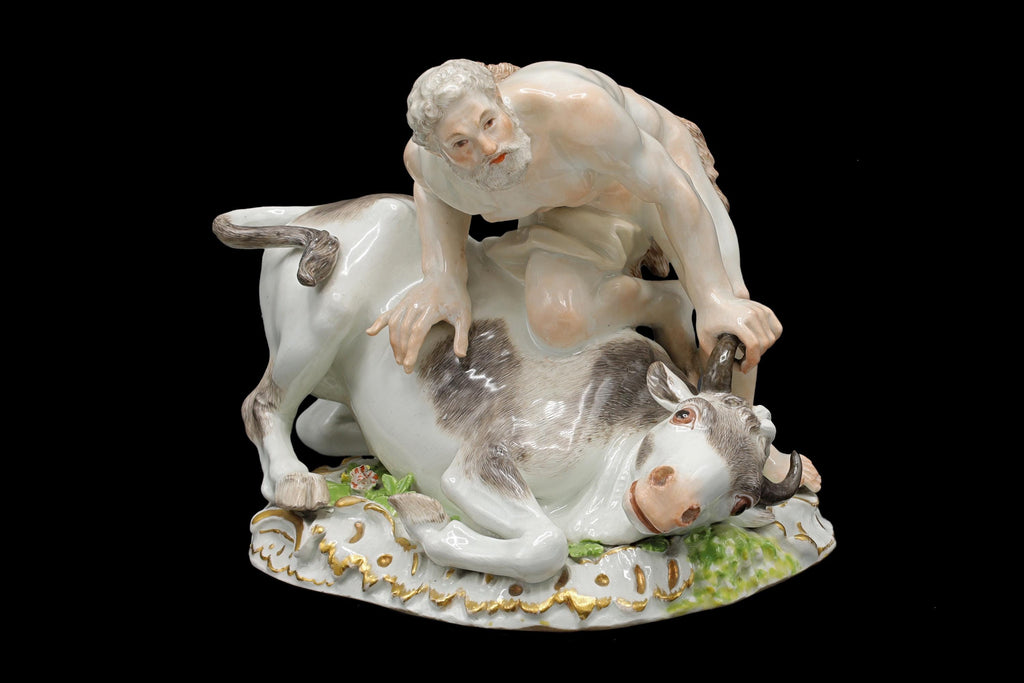 Antique Meissen Porcelain Figure, Hercules Capturing the Cretan Bull, Germany 18th Century Art. Rare Piece