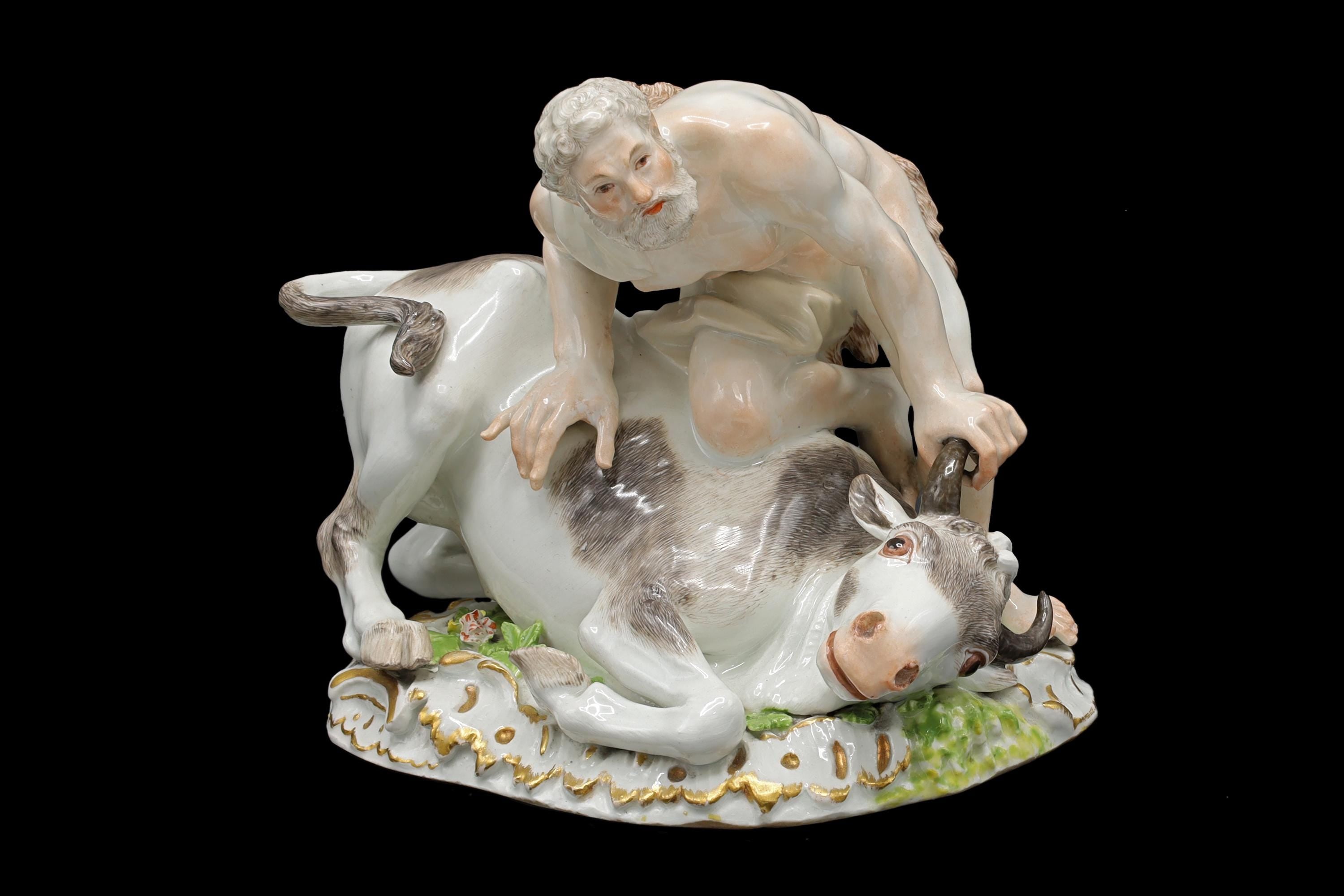 Antique Meissen Porcelain Figure, Hercules Capturing the Cretan Bull, Germany 18th Century Art. Rare Piece