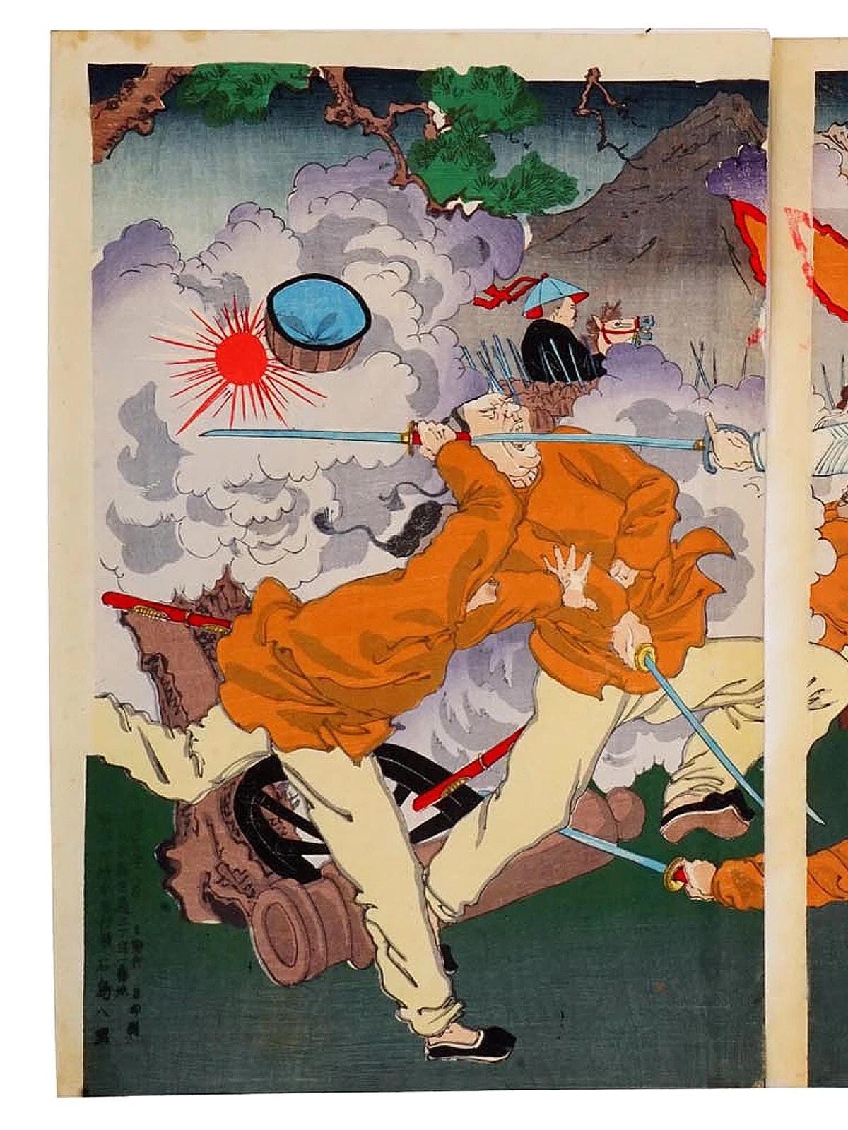 Ukiyoe Art, Original 1894 Japanese Meiji Era Senso-e Military Woodblock Print Triptych Military Art, Asian Oriental Art, Battle Of Seonghwan