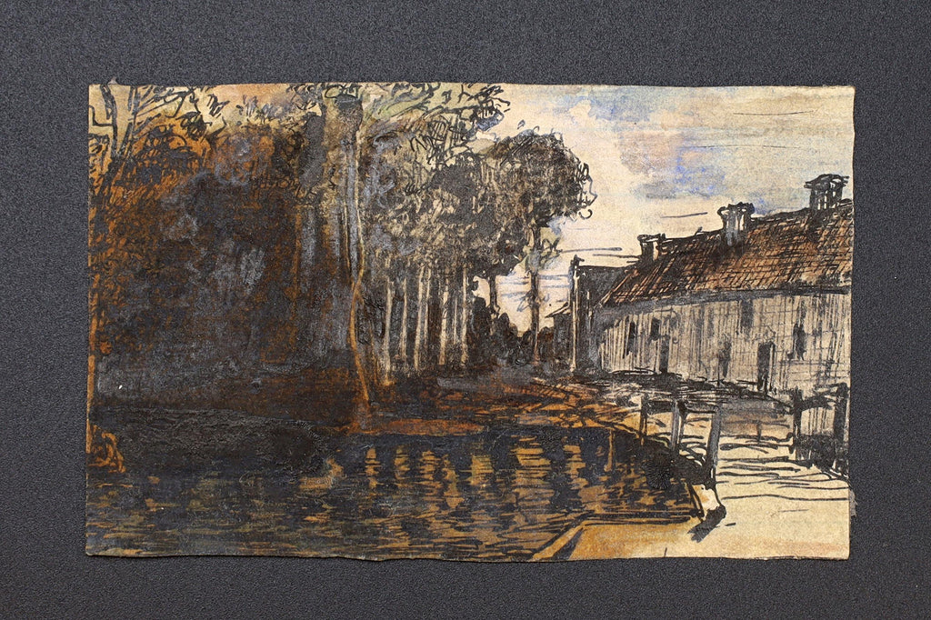 Villa Near River, Antique 1900s Liberty Style Art By Paulo Antonini, Italian American Artist, Small Paintings Drawings On Paper, Art Nouveau