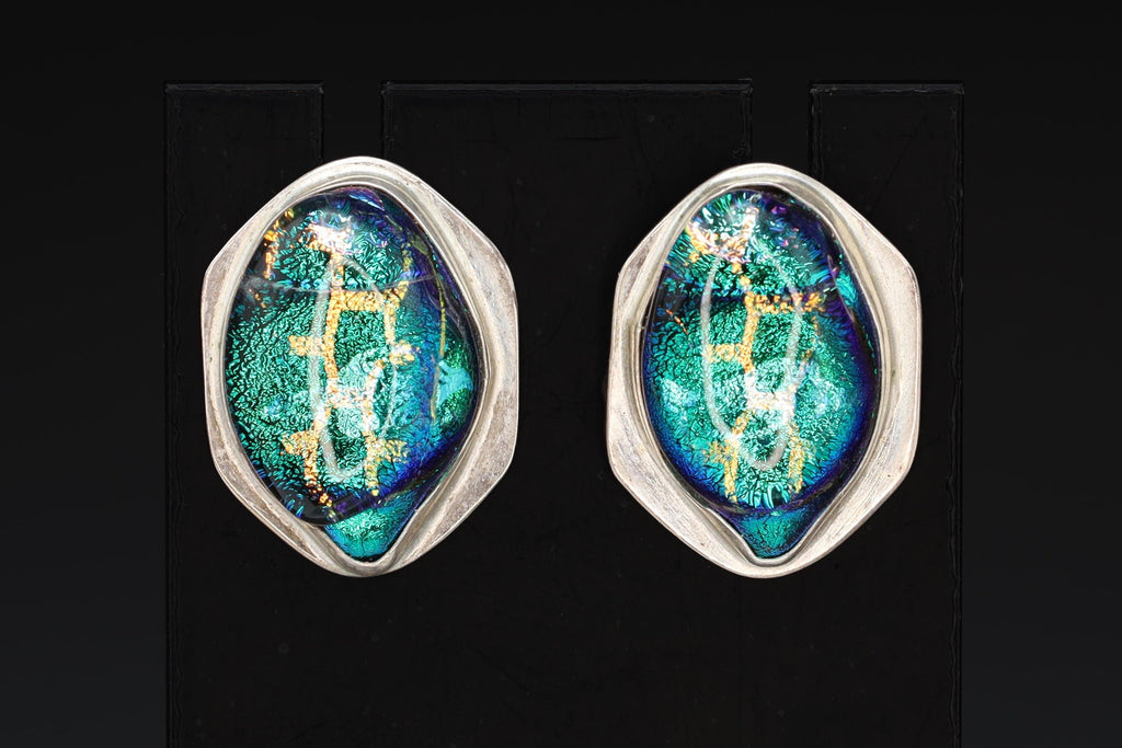 Large Modernist Stud Earrings With A Geometric Shape And Avant Garde Design, 925 Sterling Silver And Dichroic Glass Handmade Jewelry