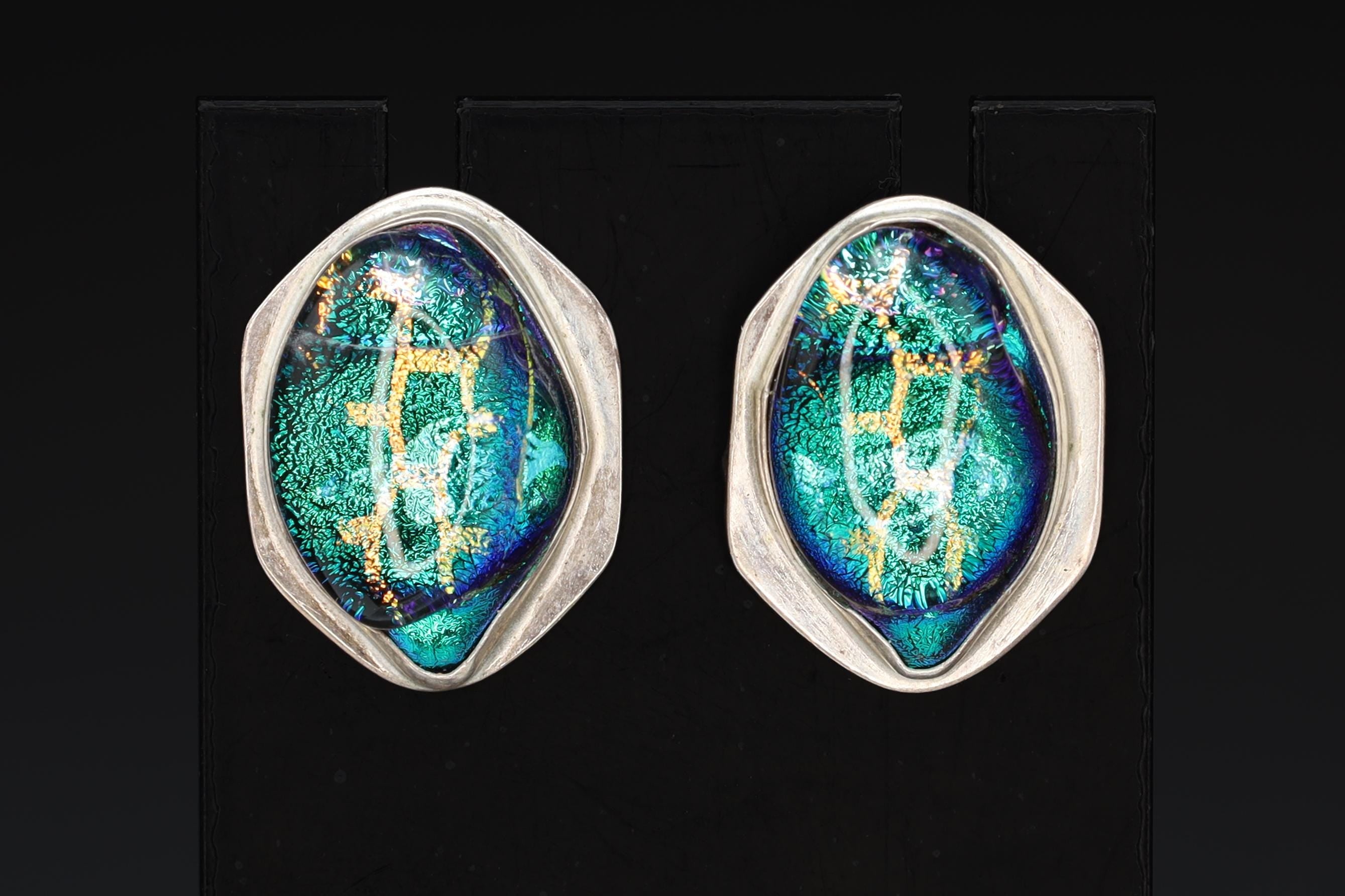 Large Modernist Stud Earrings With A Geometric Shape And Avant Garde Design, 925 Sterling Silver And Dichroic Glass Handmade Jewelry