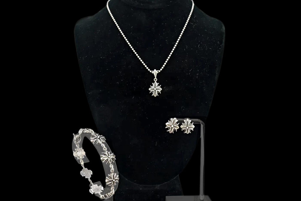 Highlander Sterling Goth Jewelry Set Signed, Pendant Necklace, Stud Earrings, Panel Bracelet, Goth Motorbike Rock and Roll Fashion