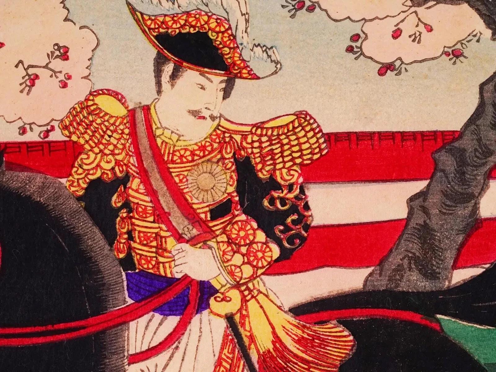 Chikanobu Yoshu, Nishiki-e Japanese Meiji Era Military Artwork Illustration Triptych, Asian Oriental Art Ukiyoe Prints