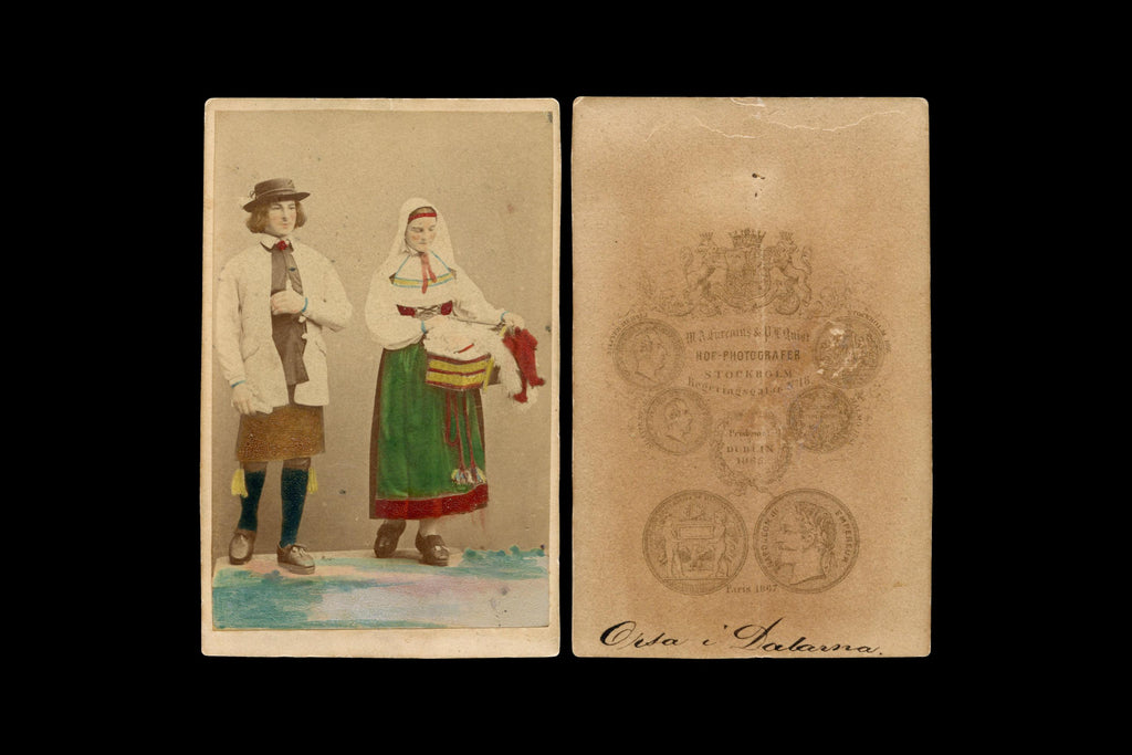 Antique 1870s Carte De Visite With A Couple In Traditional Swedish Folk Costumes From Orsa Dalarna, Sweden, Photograph By Eurenius And Quist