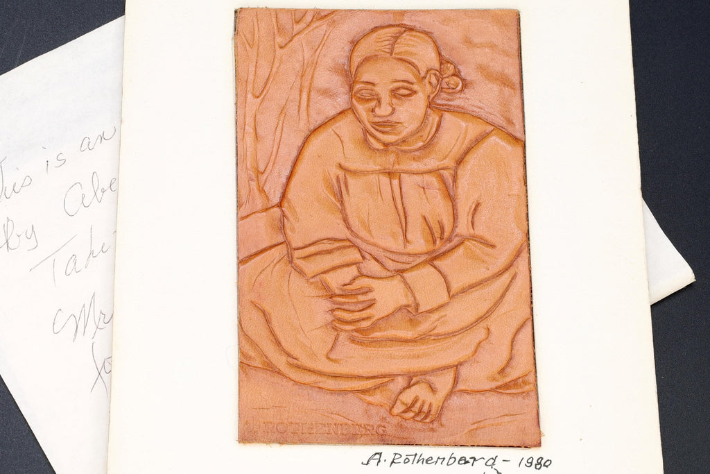 Tahitian Woman in Gauguin, 1980 Artwork By Abe Rothenberg With Explanatory Letter. Embossed Leather, Hand Signed By The Artist