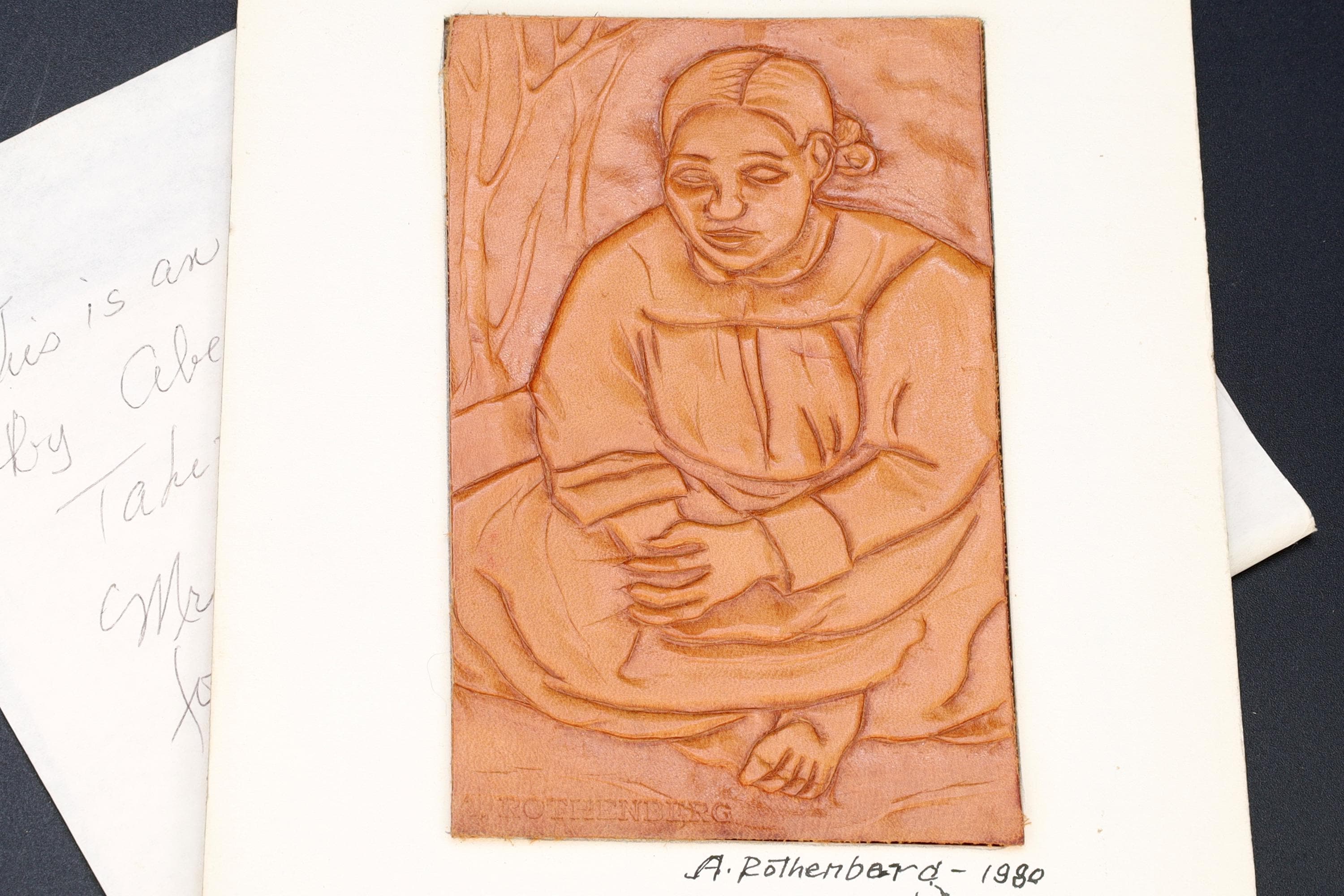 Tahitian Woman in Gauguin, 1980 Artwork By Abe Rothenberg With Explanatory Letter. Embossed Leather, Hand Signed By The Artist