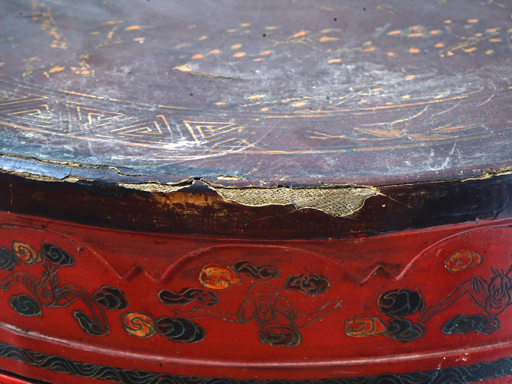 Antique Late 1800s Qing Dynasty Chinese Rice Bucket, Wooden Picnic Red Basket, Wedding Gifts, Hamper With Top Lid, Dry Food Nuts Container
