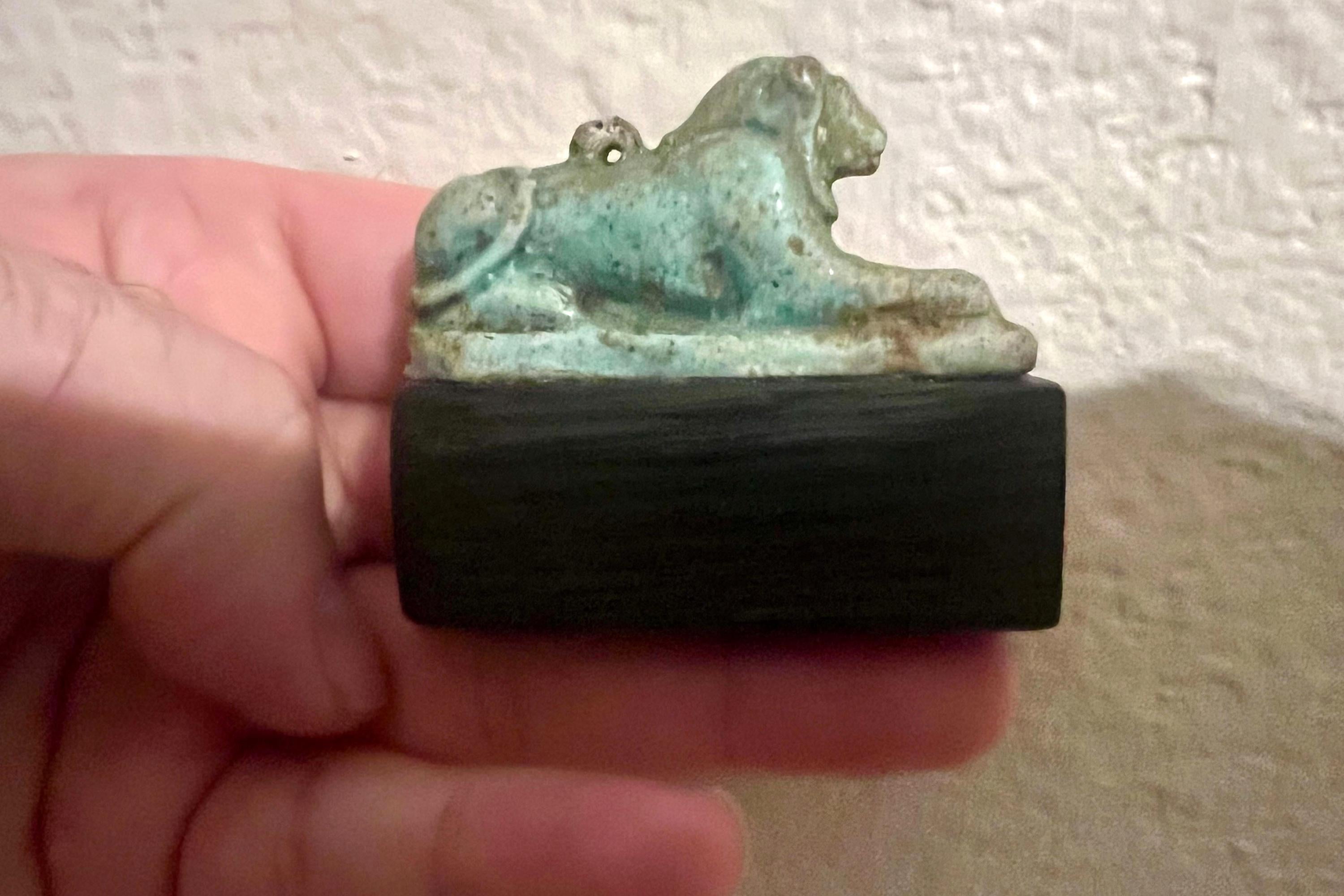 Extremely RARE, Ancient Egyptian Faience Amulet Of A Recumbent Lion Maahes, Late Dynastic Period, Circa 332 BCE. Lying As A Sphinx On Plinth