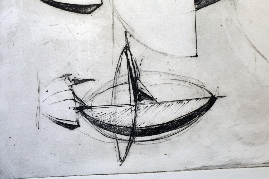Italian Futurism Artwork By Carlo MO, Hand Signed 1980s Art Etching, Project Of Modernist Sculpture, Rare Artist Proof Copy Piece