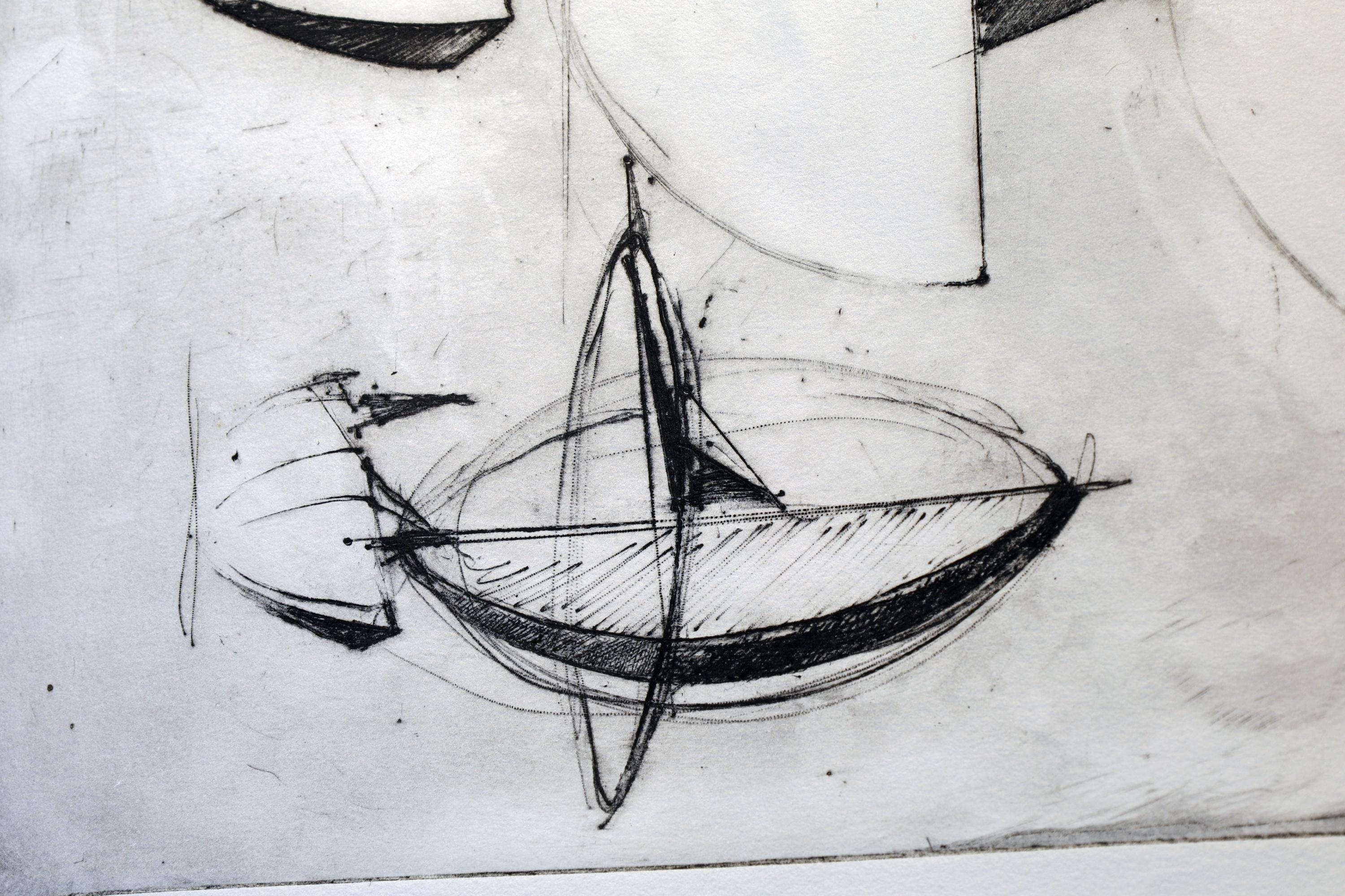 Italian Futurism Artwork By Carlo MO, Hand Signed 1980s Art Etching, Project Of Modernist Sculpture, Rare Artist Proof Copy Piece