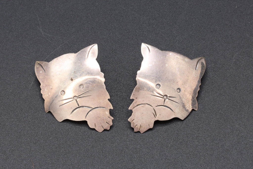 Vintage 1980s Kitten Stud Earrings, MC 925 Sterling Silver Hallmarks, American Large Studs, Womens Jewelry, Cats Animal Figural Art