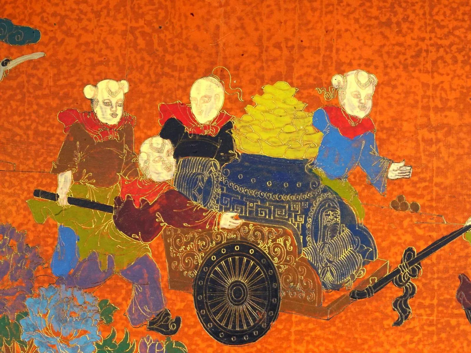 Antique Early 20th Century, Chinese Republic Period, Lacquered Wooden Jewelry Box Adorned With Good Luck Children Figures On The Cover