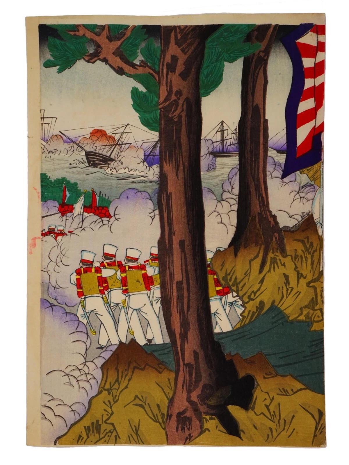 Ukiyoe Art, Original 1894 Japanese Meiji Era Sensoe Military Woodblock Triptych, Asian Oriental Art, The First Sino And Japanese War