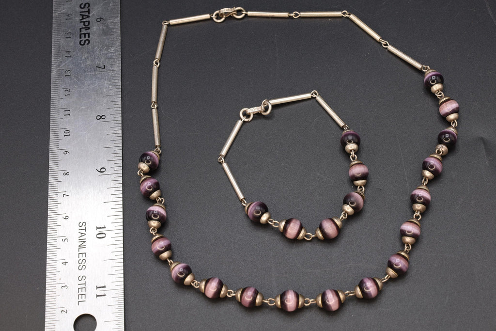Purple Cats Eye Glass Necklace And Bracelet, 925 Sterling Silver And Round Cap End Capsule Link, Modernist Jewelry Set