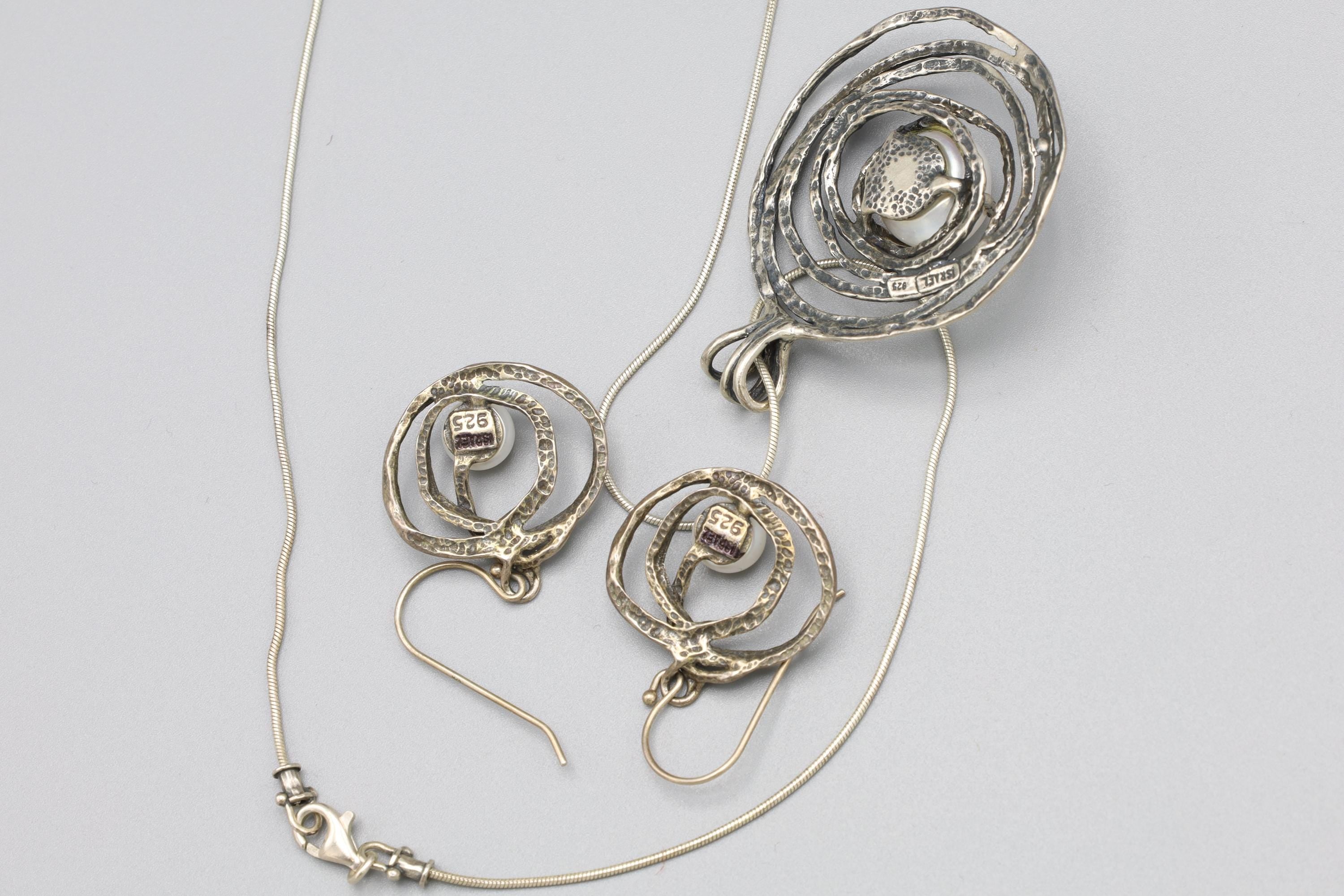 Israel Brutalist Jewelry Set With Abstract Spiral Nest 925 Silver And Round Pearl Accents, Pendant On A Cable Chain, Wire Dangle Earrings
