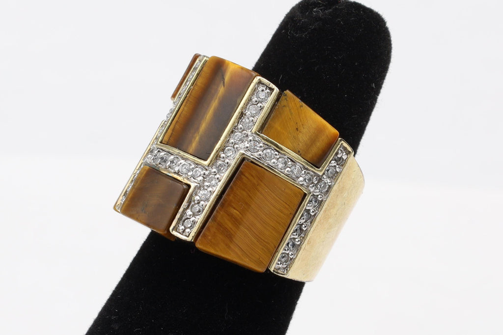 PalmBeach Jewelry 0.46 TCW Emerald Cut Genuine Tiger's Eye Cubic Zirconia Accent Yellow Gold-Plated Band Ring Size 4 1/2