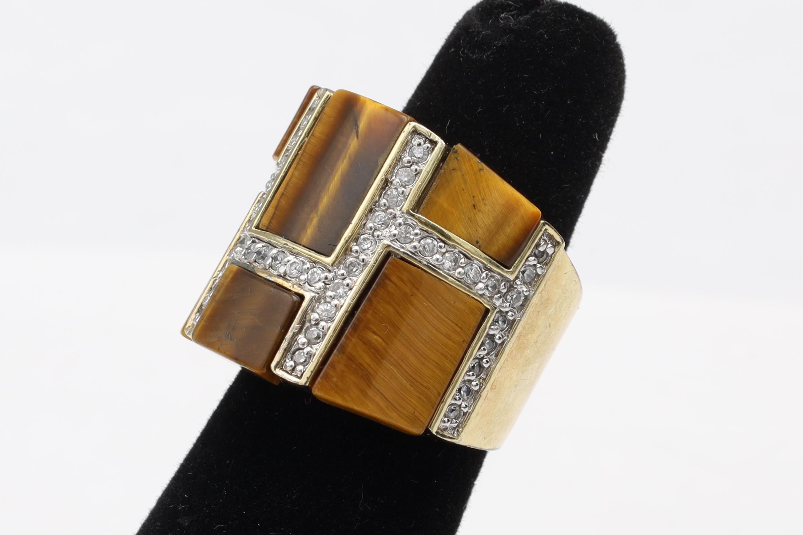 PalmBeach Jewelry 0.46 TCW Emerald Cut Genuine Tiger's Eye Cubic Zirconia Accent Yellow Gold-Plated Band Ring Size 4 1/2