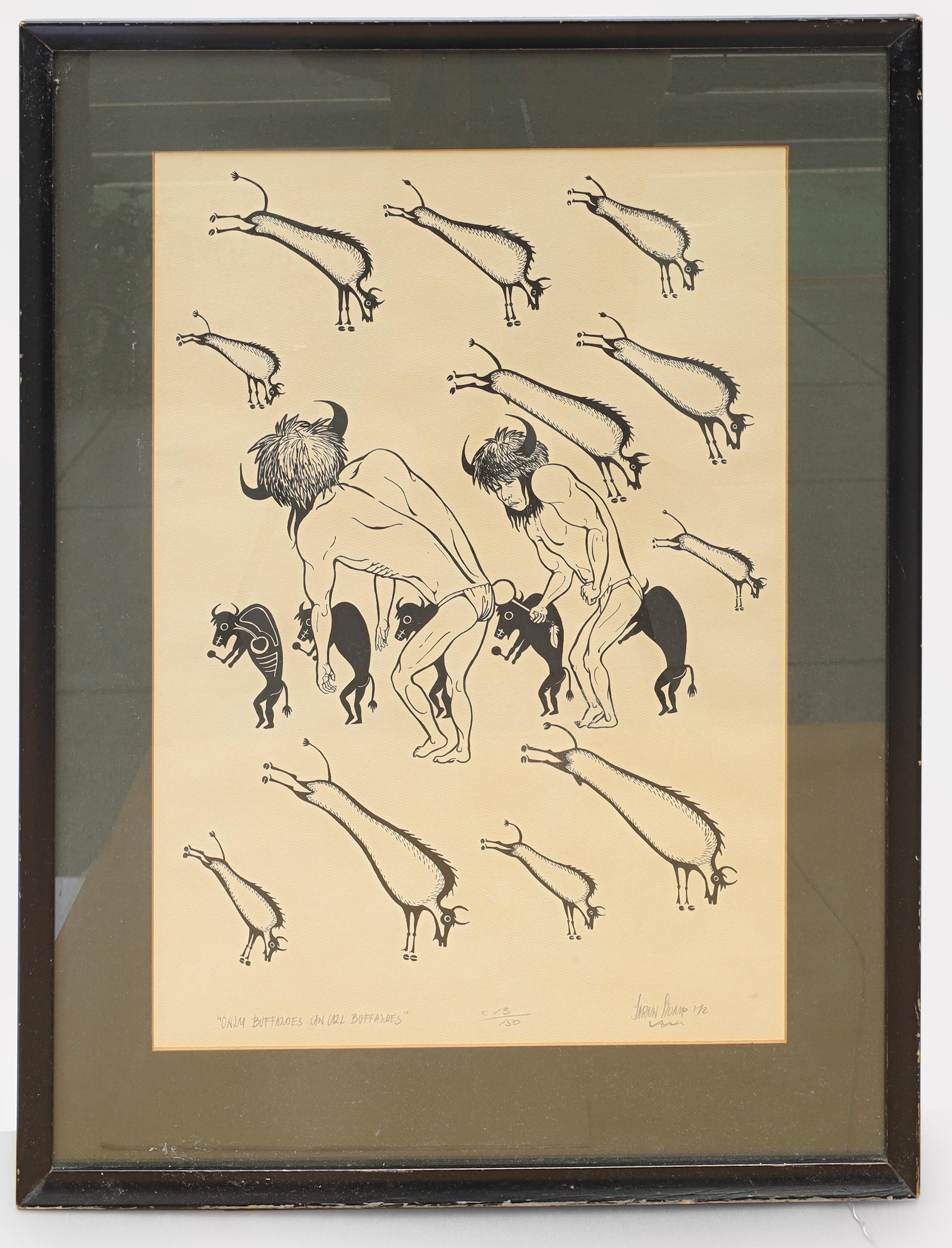 IMPORTANT, Sarain Stump, A First Nation Artist From Canada, Silkscreen Artwork Print Titled As Buffaloes, 1972. Native American Dancers