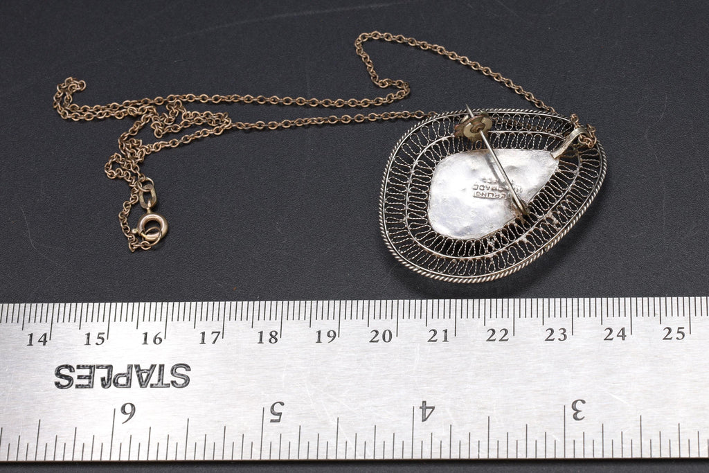 Vintage 1950s Israel Jewelry, 925 Sterling Silver And  Eilat Stone Pendant Necklace, Cannetille Wirework, Middle East Fashion Accessories