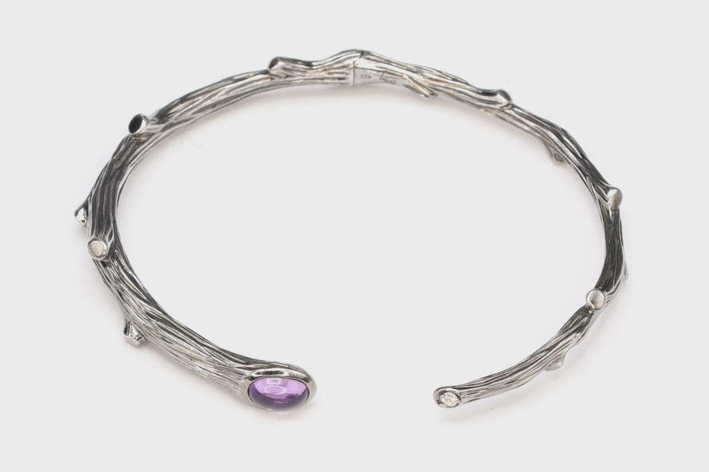 Vintage Michael Aram Cuff Bracelet, The Enchanted Forest Collection, 925 Sterling Silver With Purple Amethyst And Clear Diamond