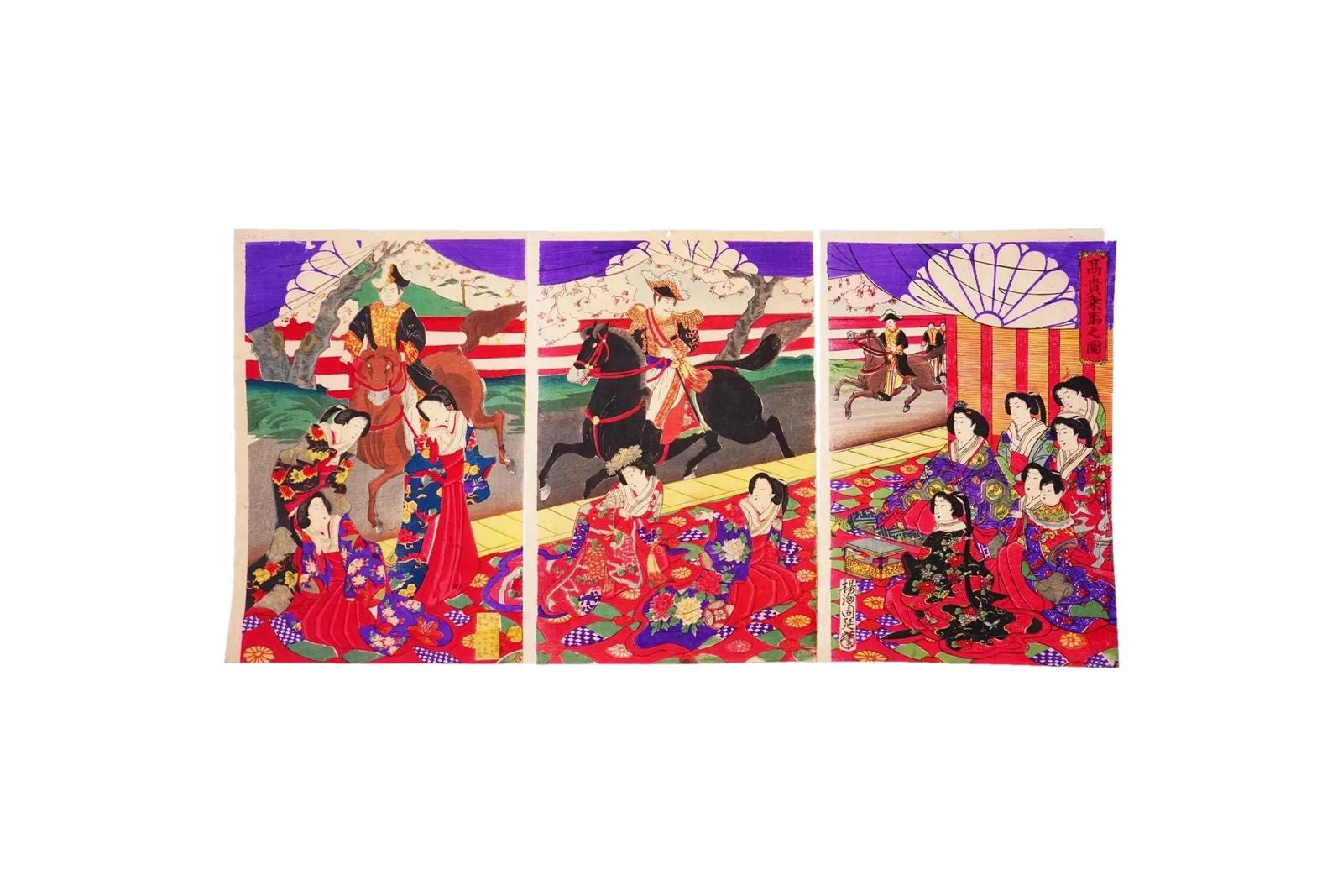 Chikanobu Yoshu, Nishiki-e Japanese Meiji Era Military Artwork Illustration Triptych, Asian Oriental Art Ukiyoe Prints