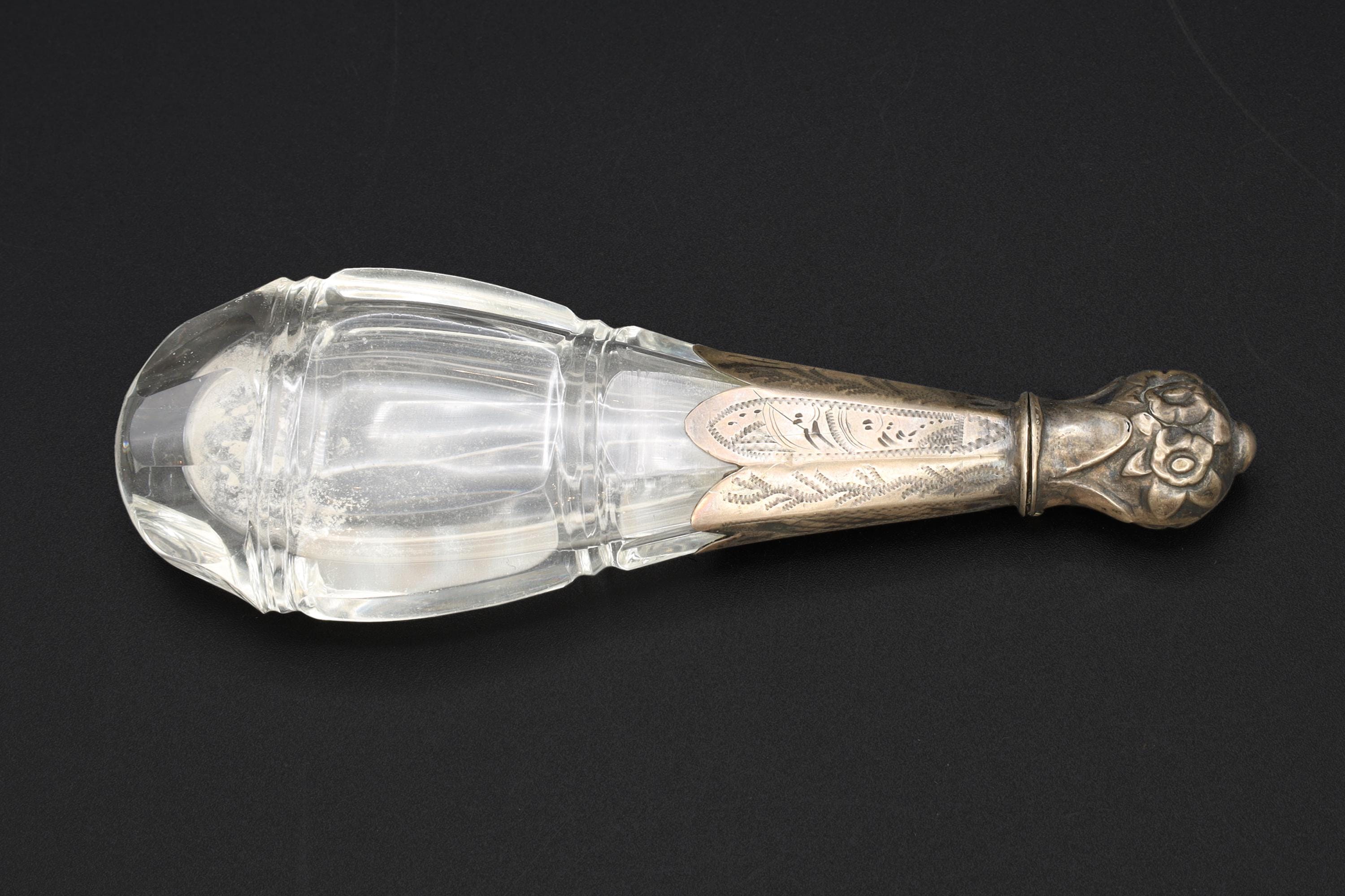 Dutch 19th Century Victorian Lay Down Perfume Bottle, Carved Crystal And Continental 835 Silver, Antique Vanity Collectibles, Netherlands