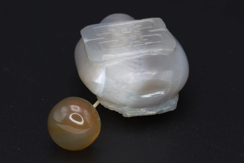 Vintage Early 20th Century Snuff Bottle, Shouxing God On Carved Agate Stone, Perfume Bottle. Asian Oriental Arts Tobacciana Collectibles