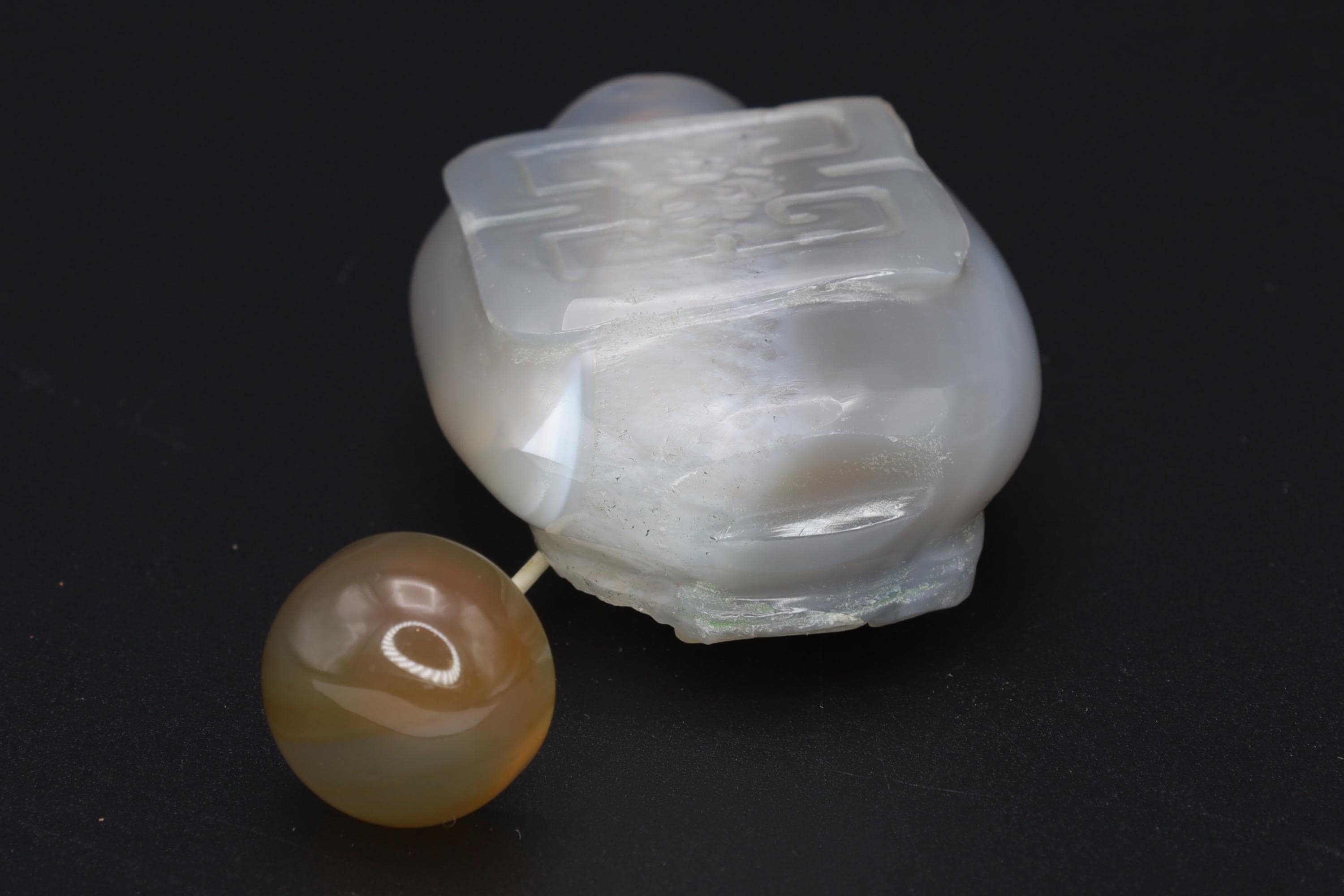 Vintage Early 20th Century Snuff Bottle, Shouxing God On Carved Agate Stone, Perfume Bottle. Asian Oriental Arts Tobacciana Collectibles