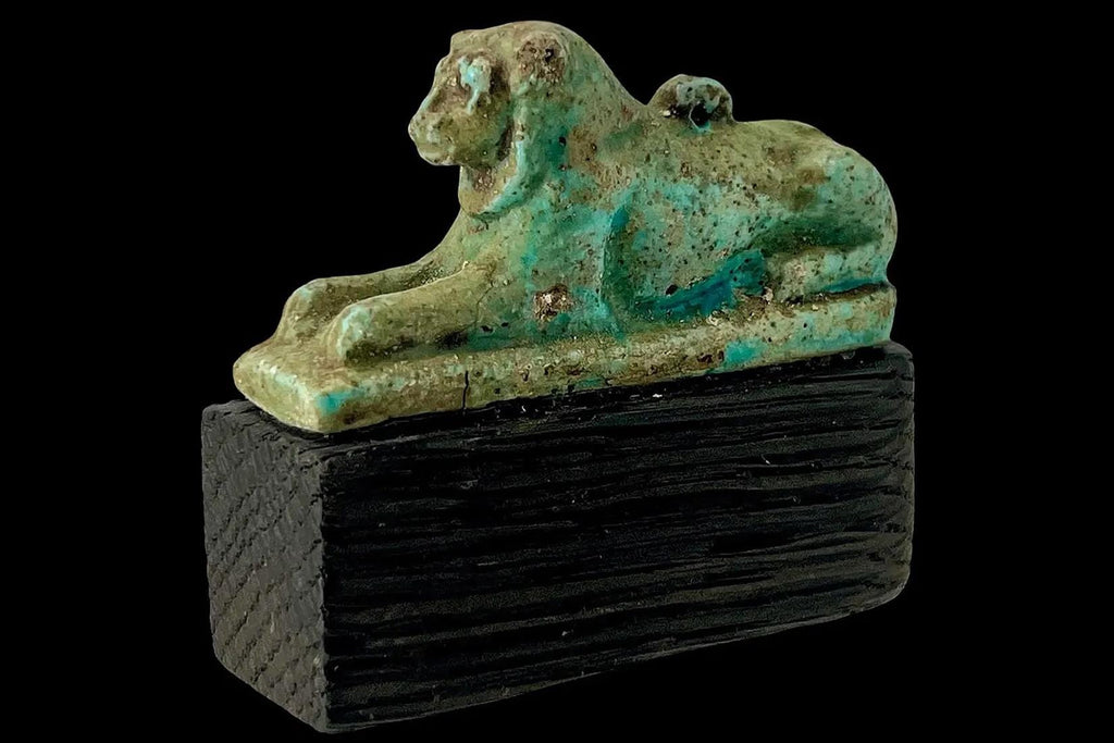 Extremely RARE, Ancient Egyptian Faience Amulet Of A Recumbent Lion Maahes, Late Dynastic Period, Circa 332 BCE. Lying As A Sphinx On Plinth