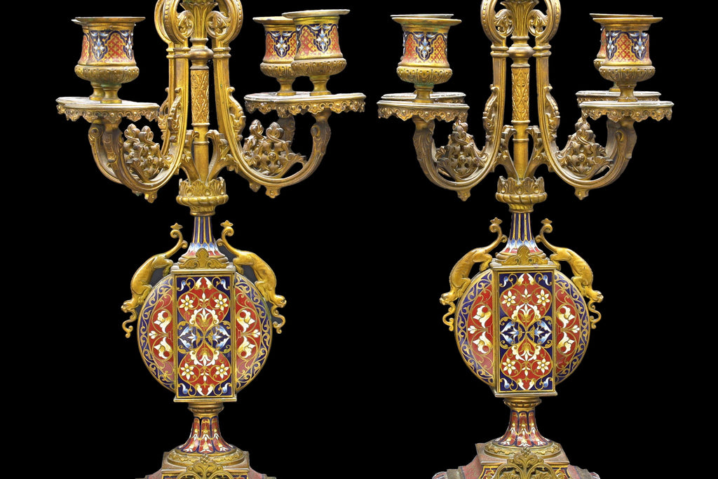 Late 19th Century, Clock And Candelabra Set Morish Style Retailed By Tiffany's In France, Art Nouveau Set