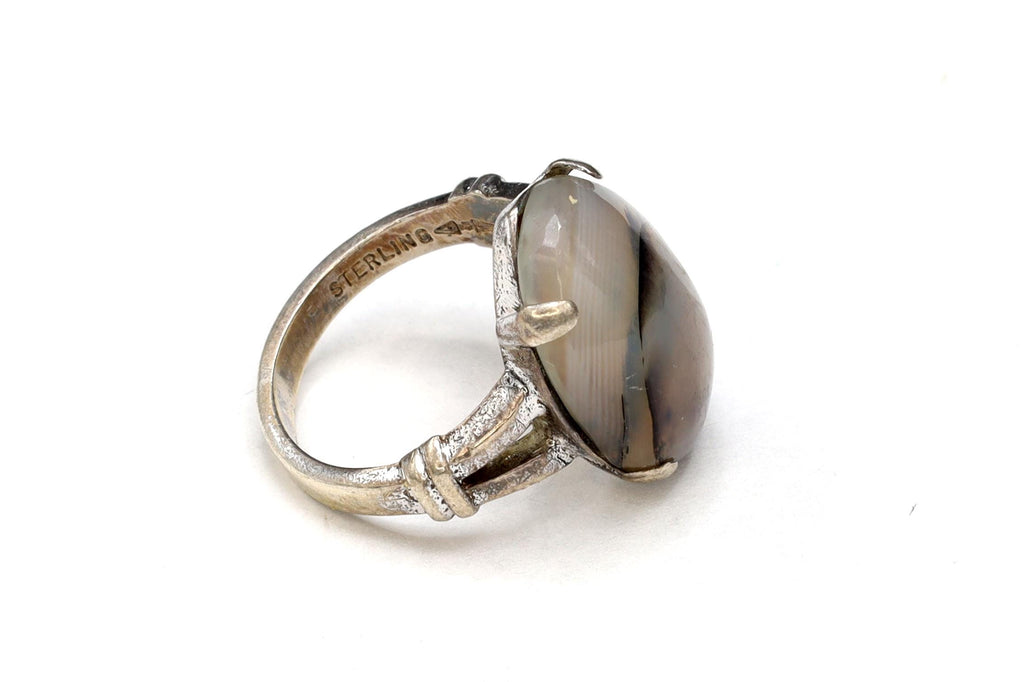 Clark and Coombs Jewelry, Sterling Silver And Moss Agate Ring Size 4 With Jeweler Hallmarks, Art Deco Fashion Accessories, Retro Americana