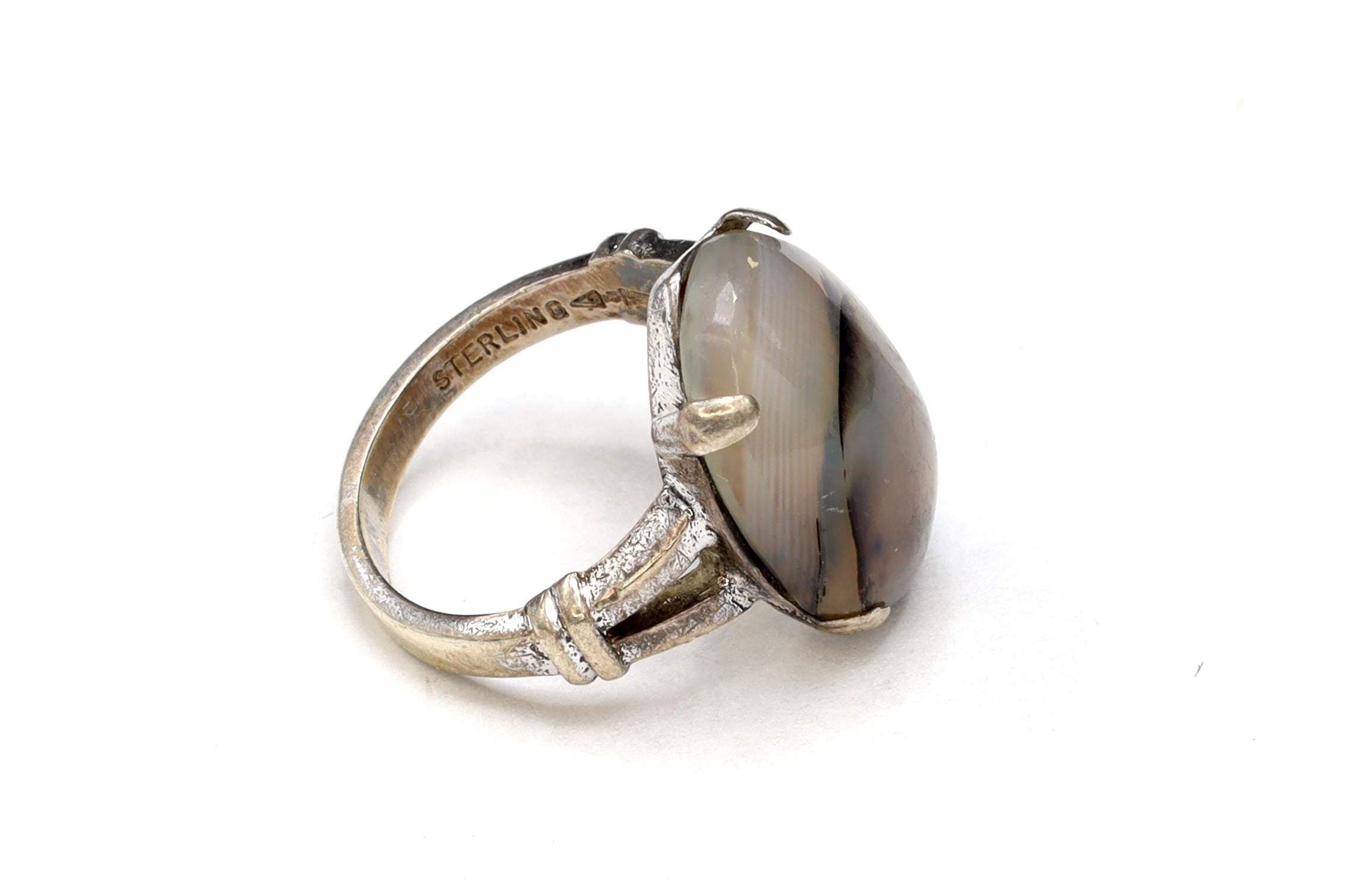 Clark and Coombs Jewelry, Sterling Silver And Moss Agate Ring Size 4 With Jeweler Hallmarks, Art Deco Fashion Accessories, Retro Americana