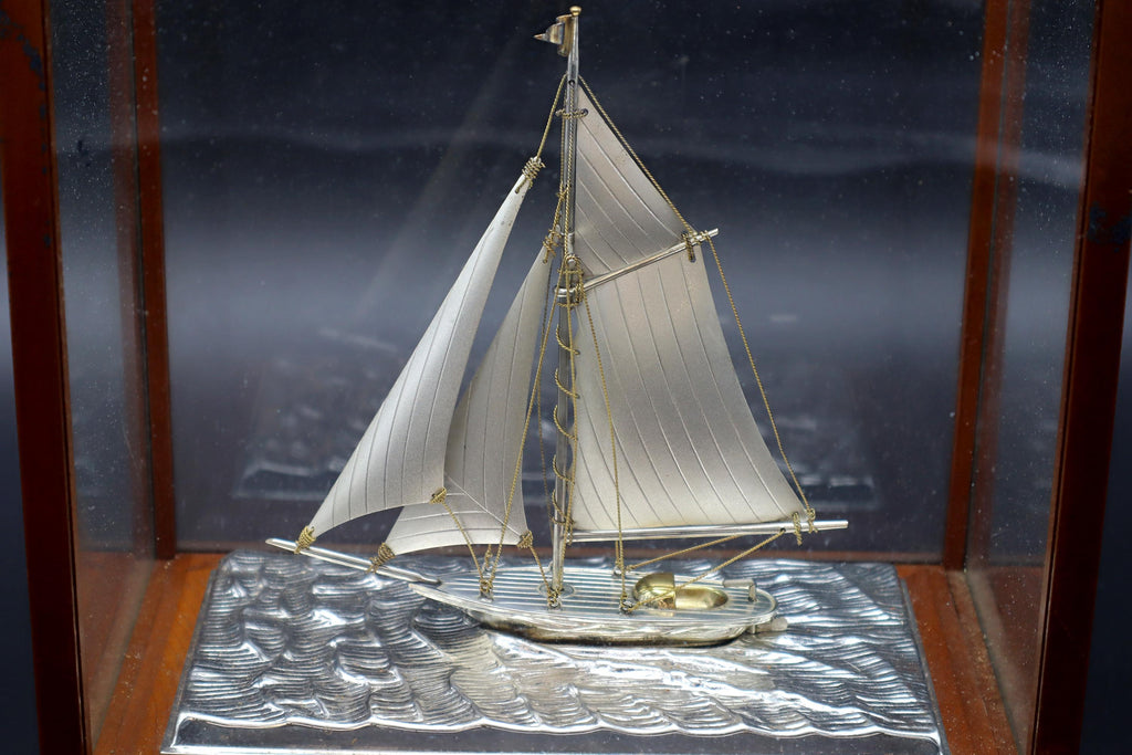 1970s Handmade And Finely Detailed Silver Electroplated Model Of A Sailing Ship, Sports Boat Sculpture By Japanese Silversmith Seki Takehiko