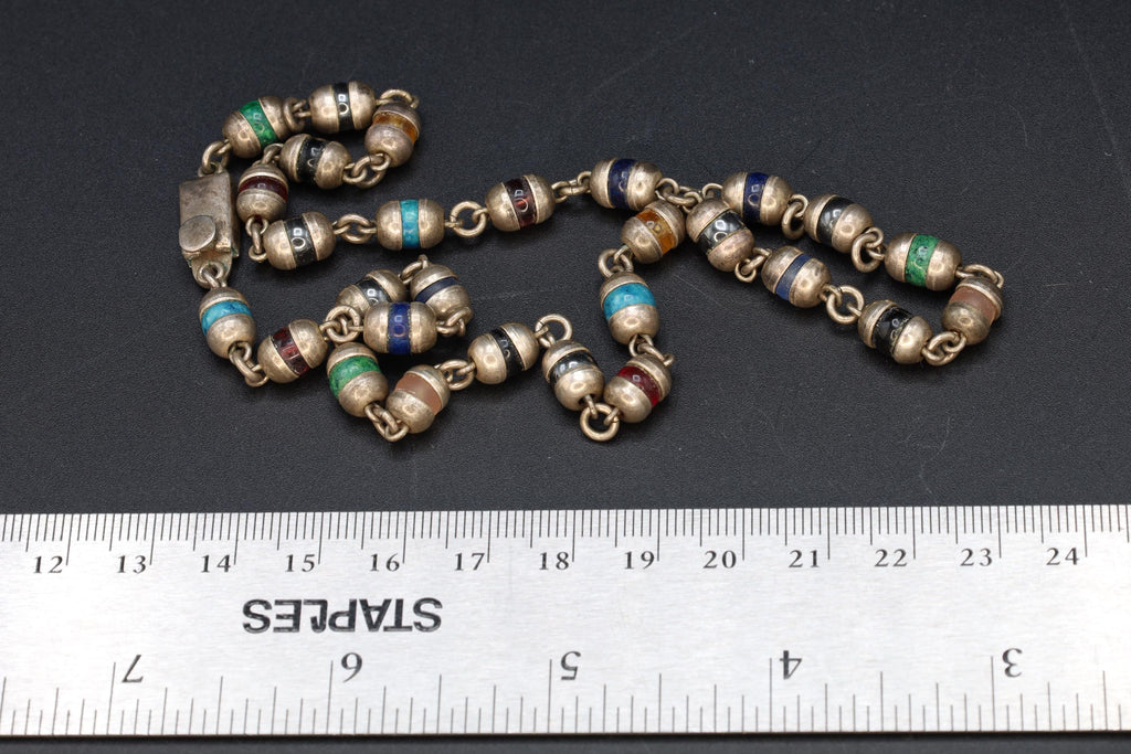 Taxco Mexico Necklace, 925 Sterling Silver Multi Color Round Cap End Capsule Link, Modernist Jewelry Unisex, Round Beaded Jewelry