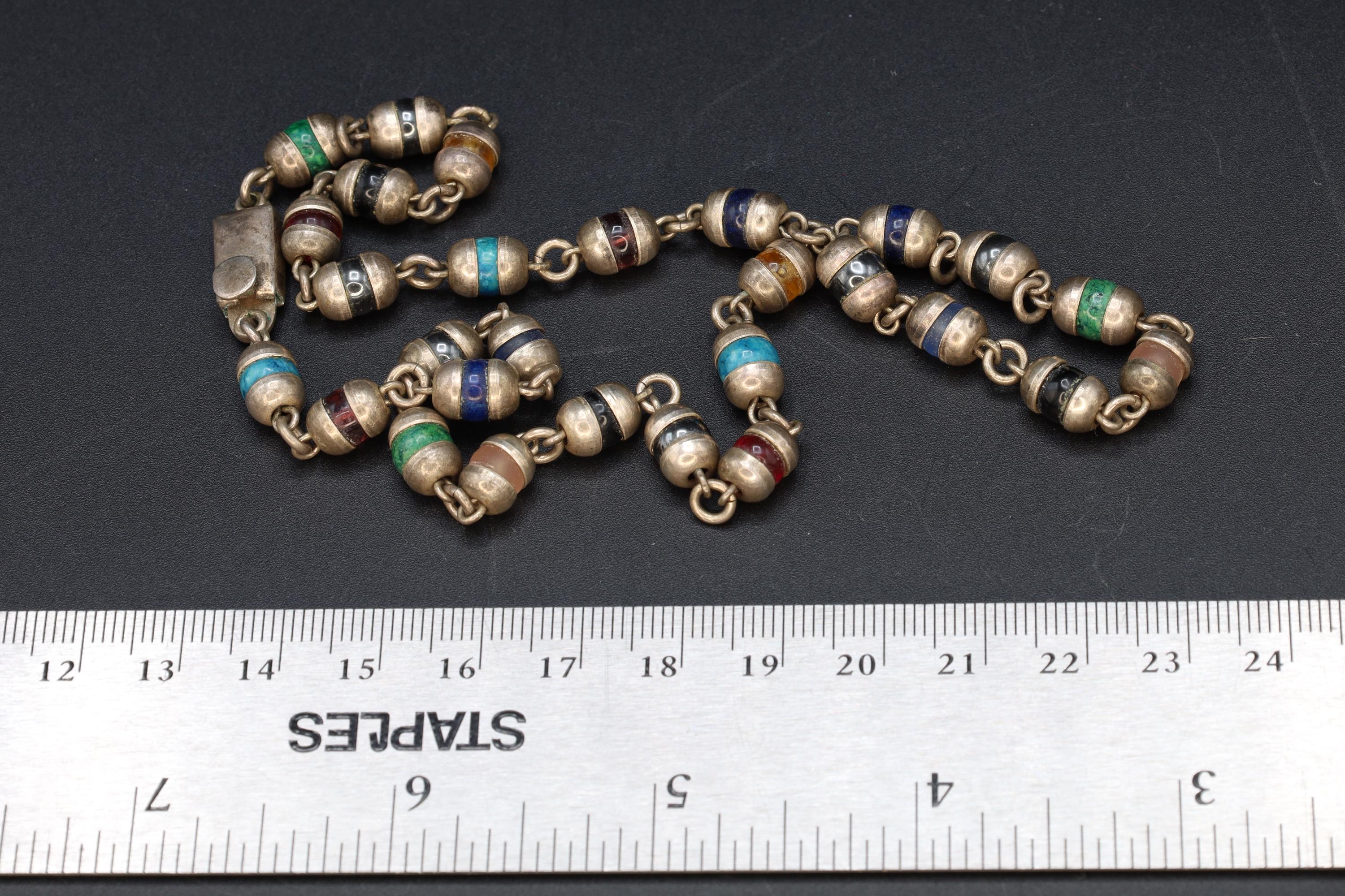 Taxco Mexico Necklace, 925 Sterling Silver Multi Color Round Cap End Capsule Link, Modernist Jewelry Unisex, Round Beaded Jewelry
