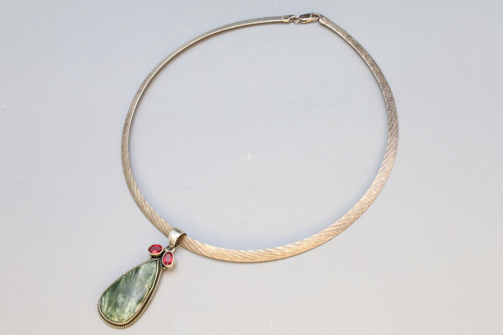 Avant Garde Pendant Necklace, Post Modern Design, 925 Sterling Silver, Red Garnet And Green Serpentine, Vintage 1990s Fashion Accessories