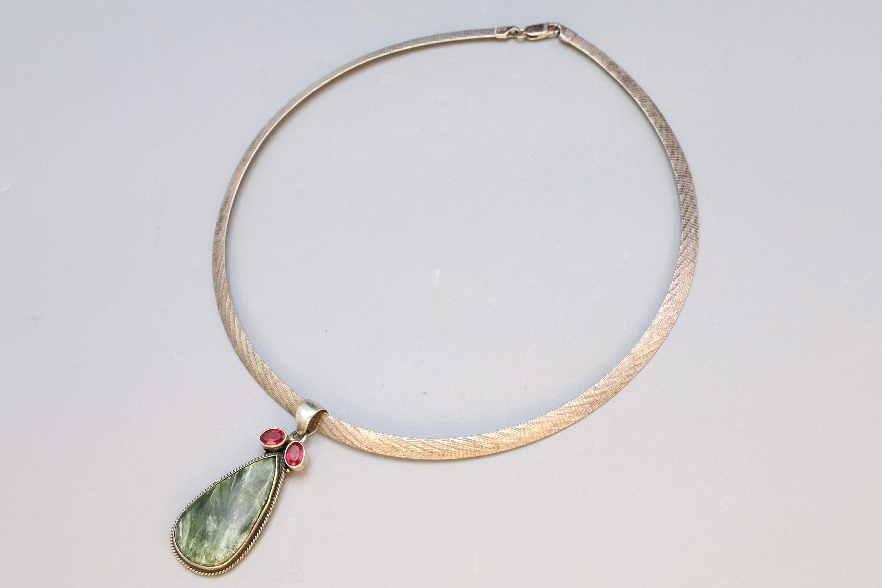 Avant Garde Pendant Necklace, Post Modern Design, 925 Sterling Silver, Red Garnet And Green Serpentine, Vintage 1990s Fashion Accessories